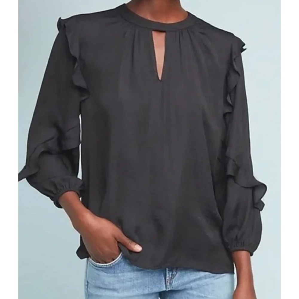 Anthropologie Dolan Black Satin Ruffle Sleeve Keyhole Blouse Small